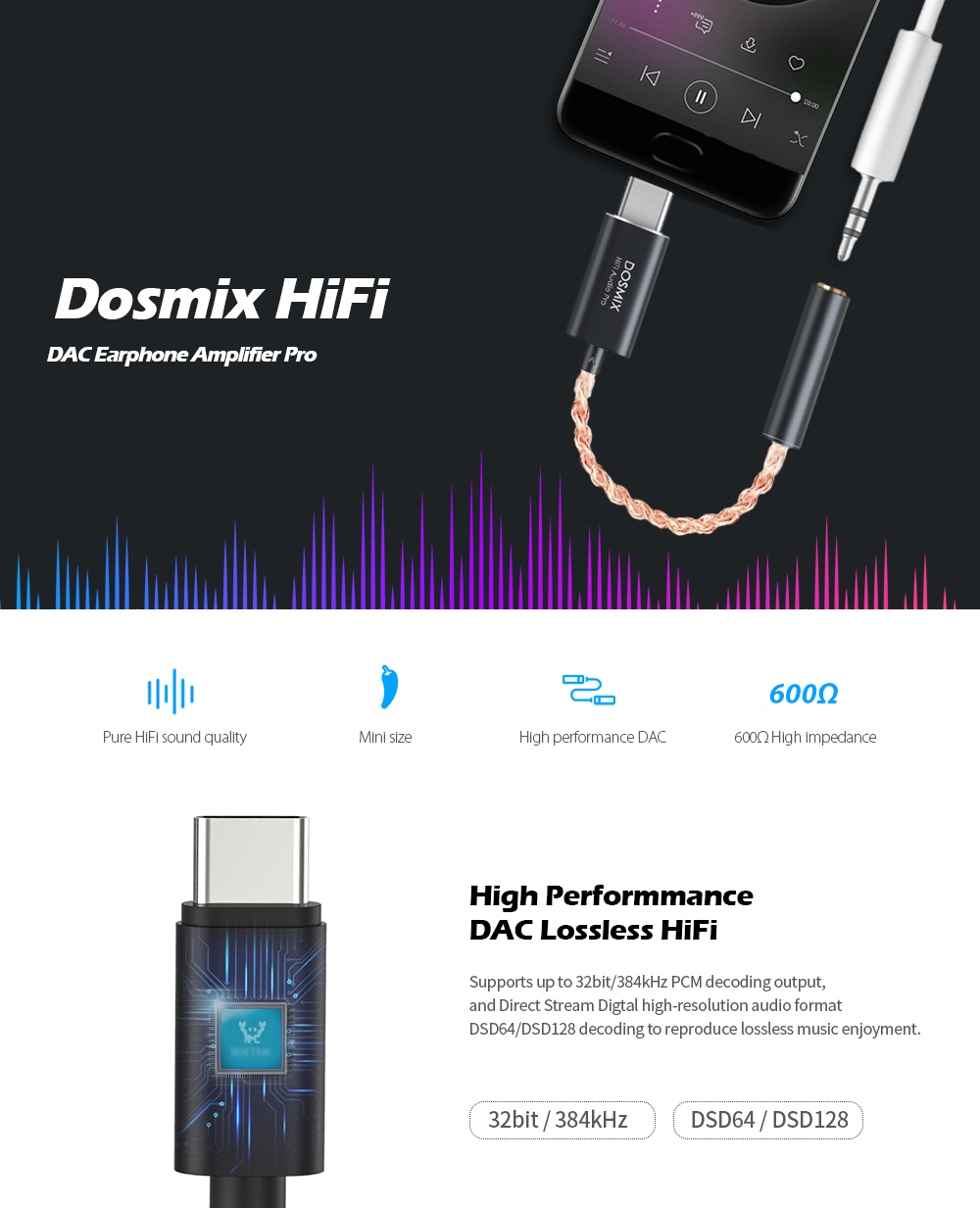 Dosmix HiFi DAC Earphone Amplifier Pro Type-C to 3.5mm Audio Adapter Cable - Black