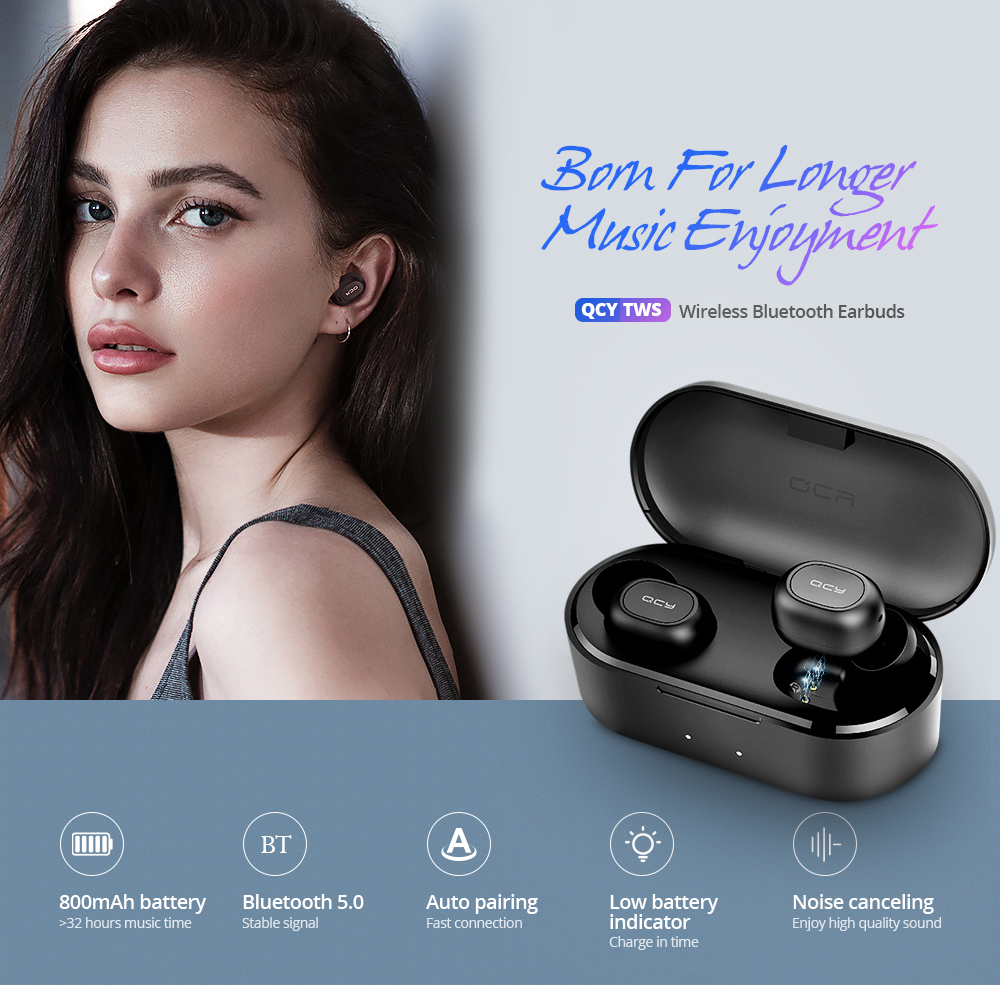 QCY T2C / T1S TWS Bluetooth Earphones Binaural Wireless Stereo Earbuds with Mic and Charging Dock - Black