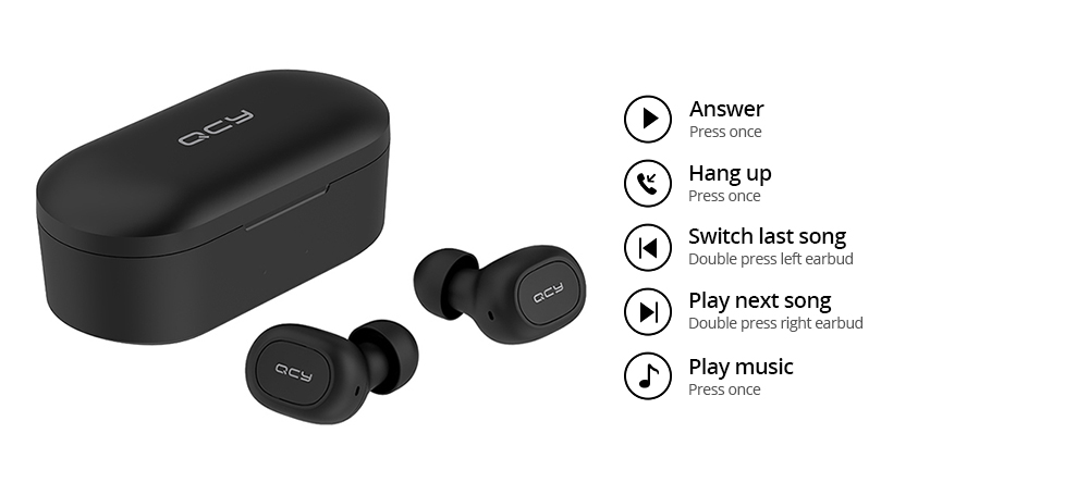 QCY T2C / T1S TWS Bluetooth Earphones Binaural Wireless Stereo Earbuds with Mic and Charging Dock - Black
